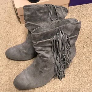Fringe wedge booties